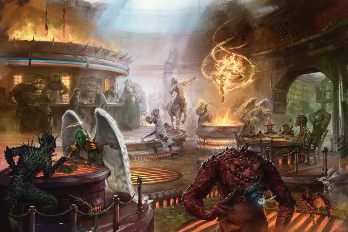 Tętniący życiem bar w świecie Planescape, gdzie anioł, zielonoskóry demon i inne fantastyczne istoty bawią się przy ogniu.