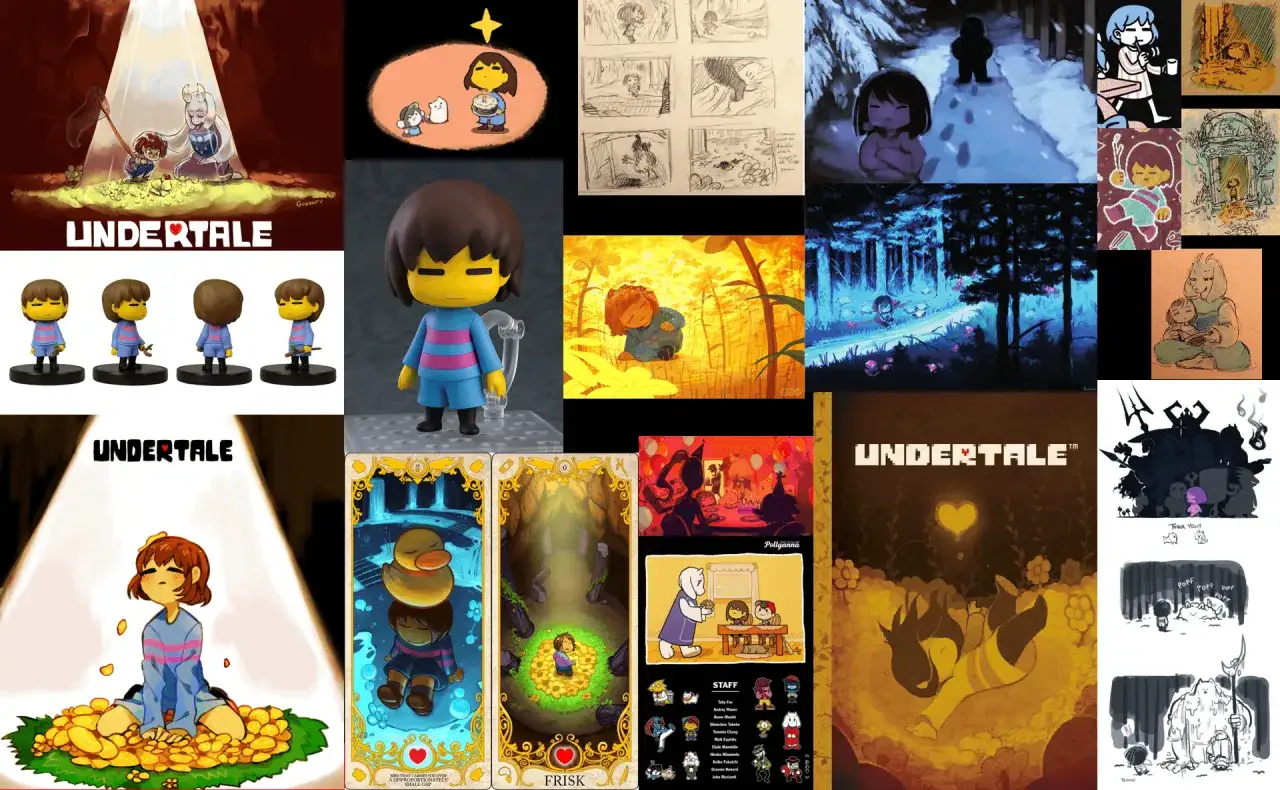 Frisk Undertale w otoczeniu złotych monet, obok innych scen z gry, postaci i szkiców.