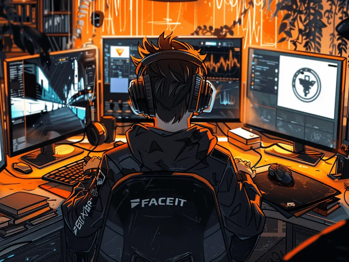 Gracz w słuchawkach przed trzema monitorami, na krześle z logo FACEIT. Co to za platforma?