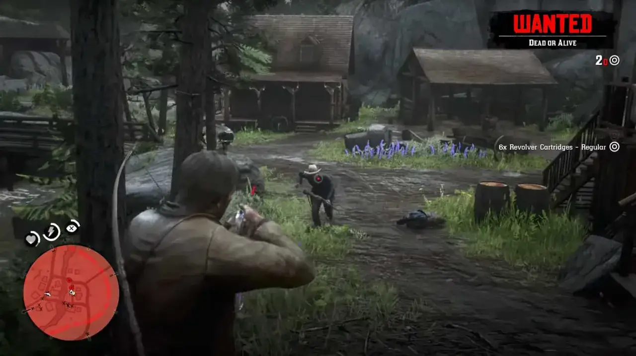 Gracz celuje z rewolweru w przeciwnika w grze RDR2. Na ekranie widnieje napis WANTED i informacje o amunicji.