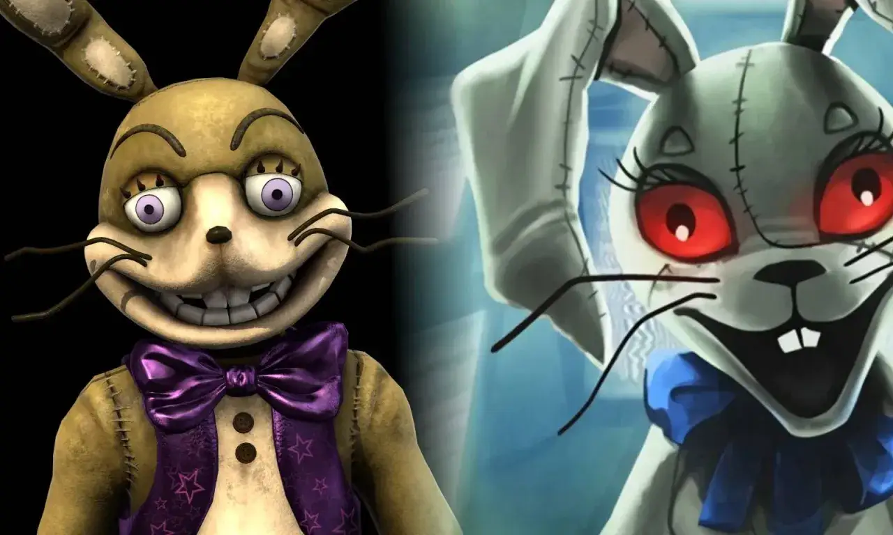 Dwa animatroniki w kształcie królików, jeden żółty z fioletową muszką, drugi biały z niebieską, przypominają Glitchtrap.
