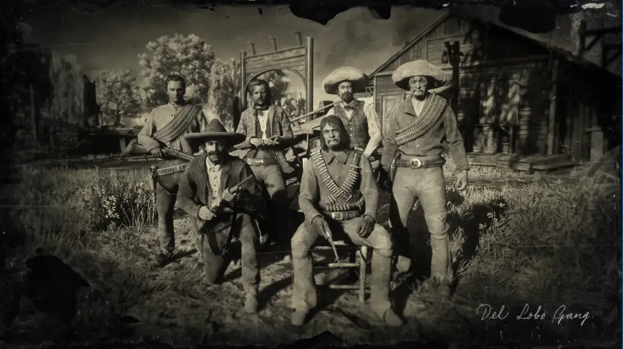 Gang Del Lobo, grupa groźnych postaci z Red Dead Redemption 2, pozuje do zdjęcia.
