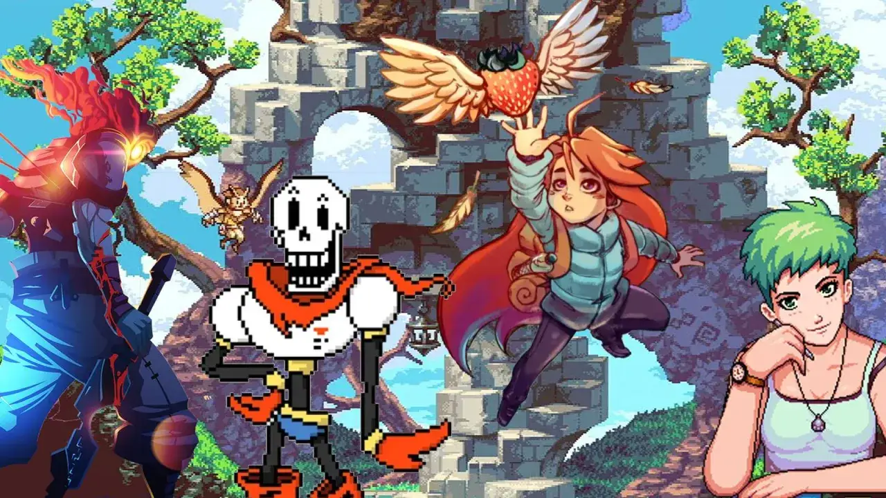 Postacie z pixel art games: wojownik z płomieniami, szkielet, dziewczyna z truskawką i zielonowłosa kobieta.