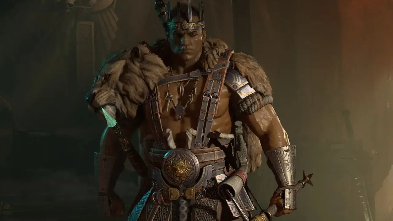 Potężny wojownik z Diablo 3, z futrem lwa na ramionach, gotowy do walki. Może użyć Kostki Kanai, by wzmocnić swoje wyposażenie.