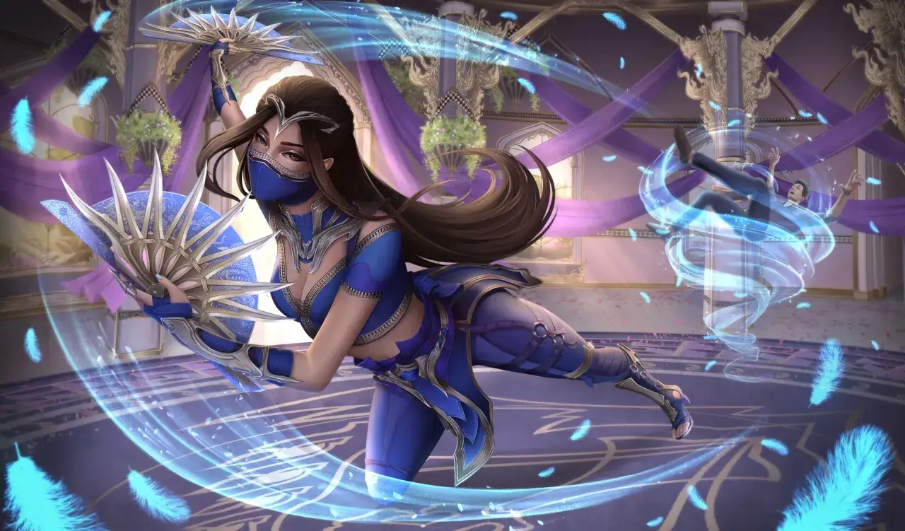 Kitana z Mortal Kombat w niebieskim stroju, z wachlarzami w dłoniach, otoczona magicznymi piórami i wirującym przeciwnikiem.