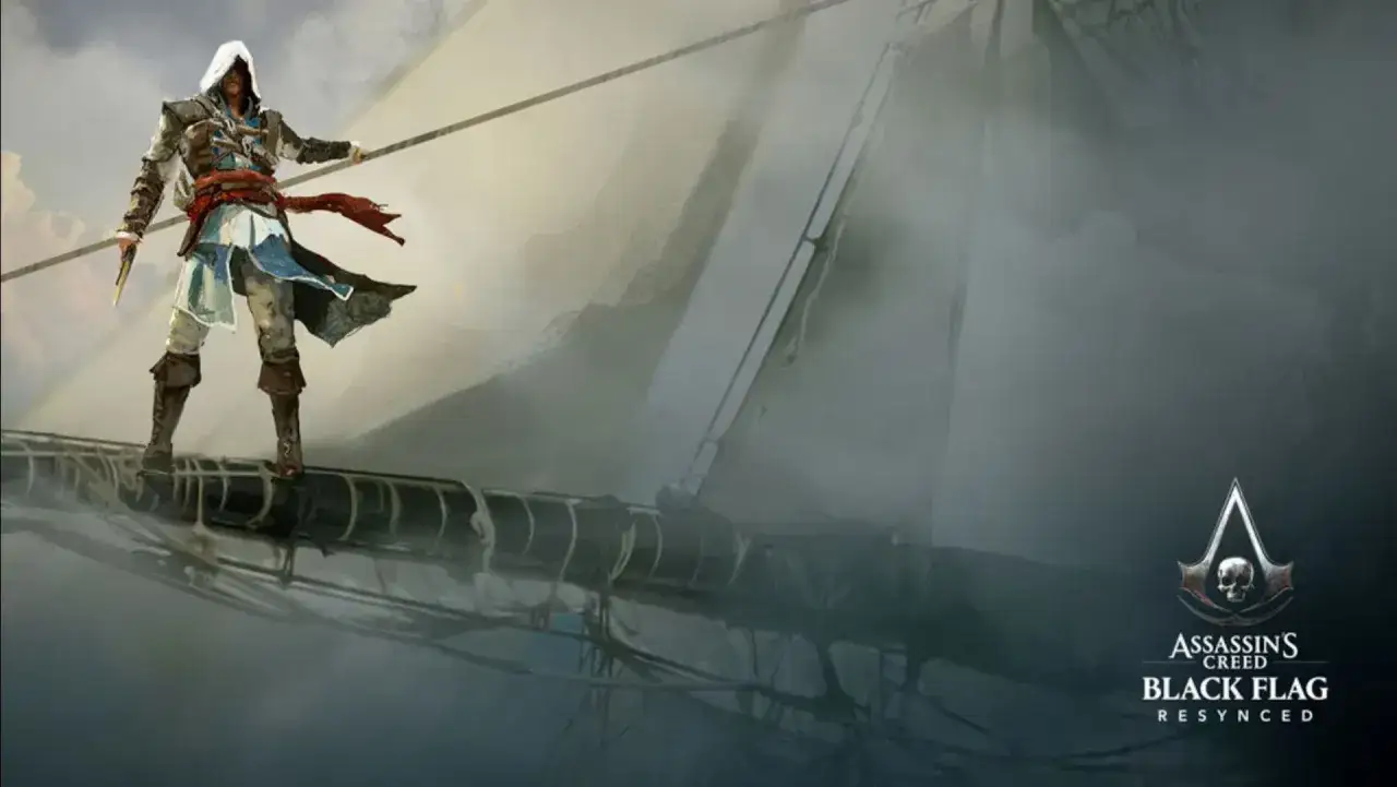 Edward Kenway z gry nowy assassin's creed stoi na linie pokładowej statku, gotowy do skoku.