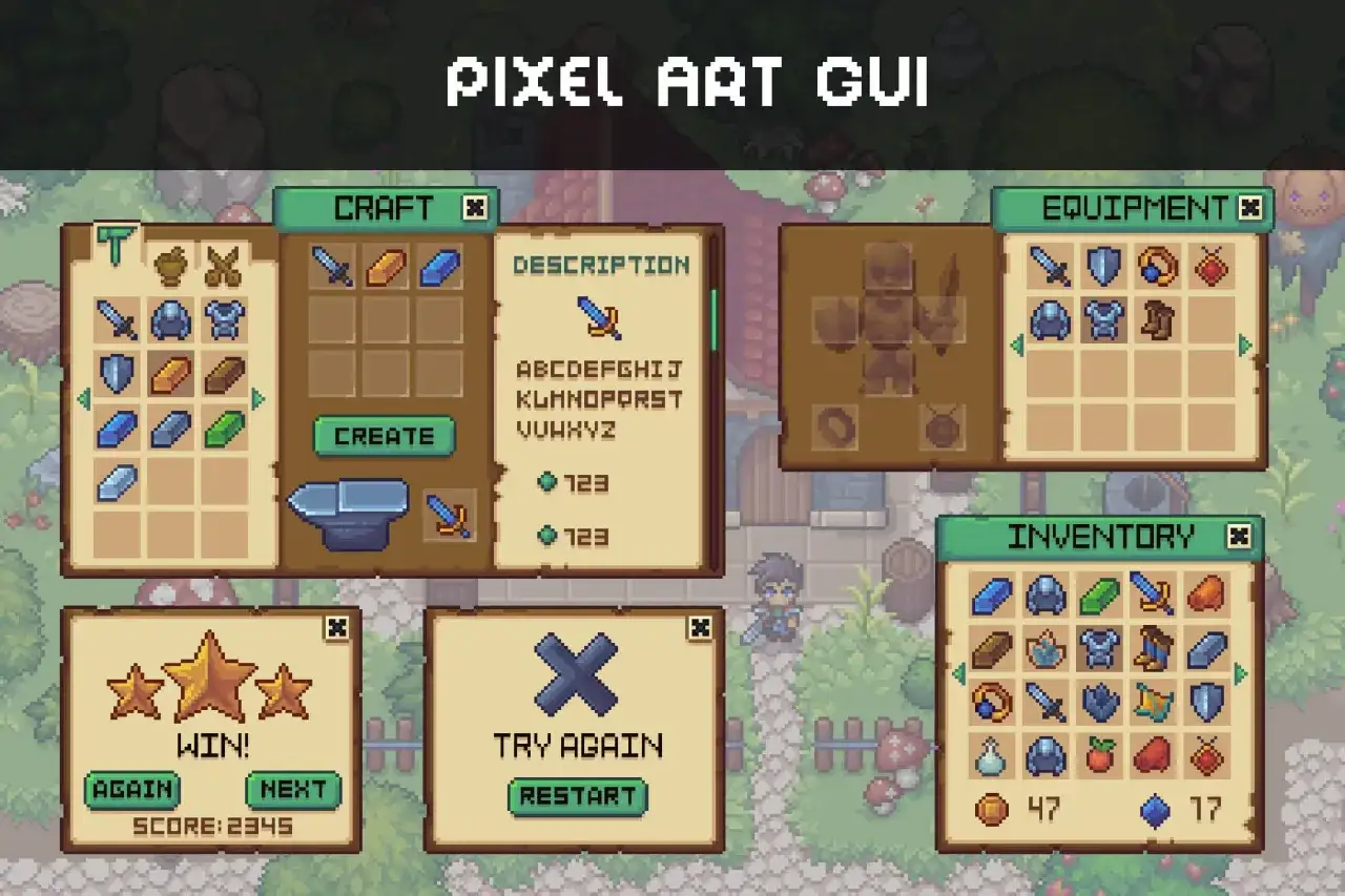 Interfejs gry RPG online w stylu pixel art. Widoczne okna craftingu, ekwipunku i ekwipunku. Gracz zbiera przedmioty.