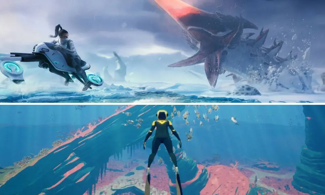 Gracz na pojeździe unika gigantycznego potwora na lodzie, a poniżej nurkuje w oceanie. Czy Subnautica jest multiplayer?