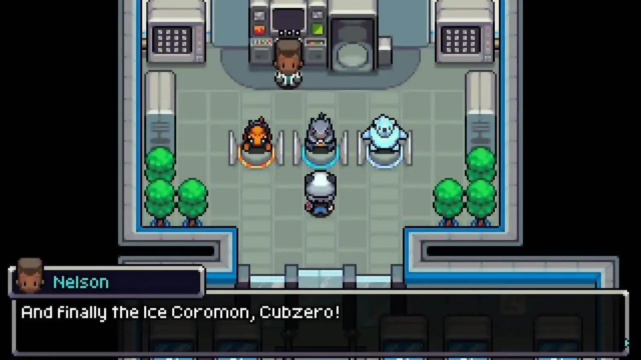 Gracz w grze typu gry pokemon na pc wybiera Cubzero, lodowego Coromona, stojąc przed naukowcem.