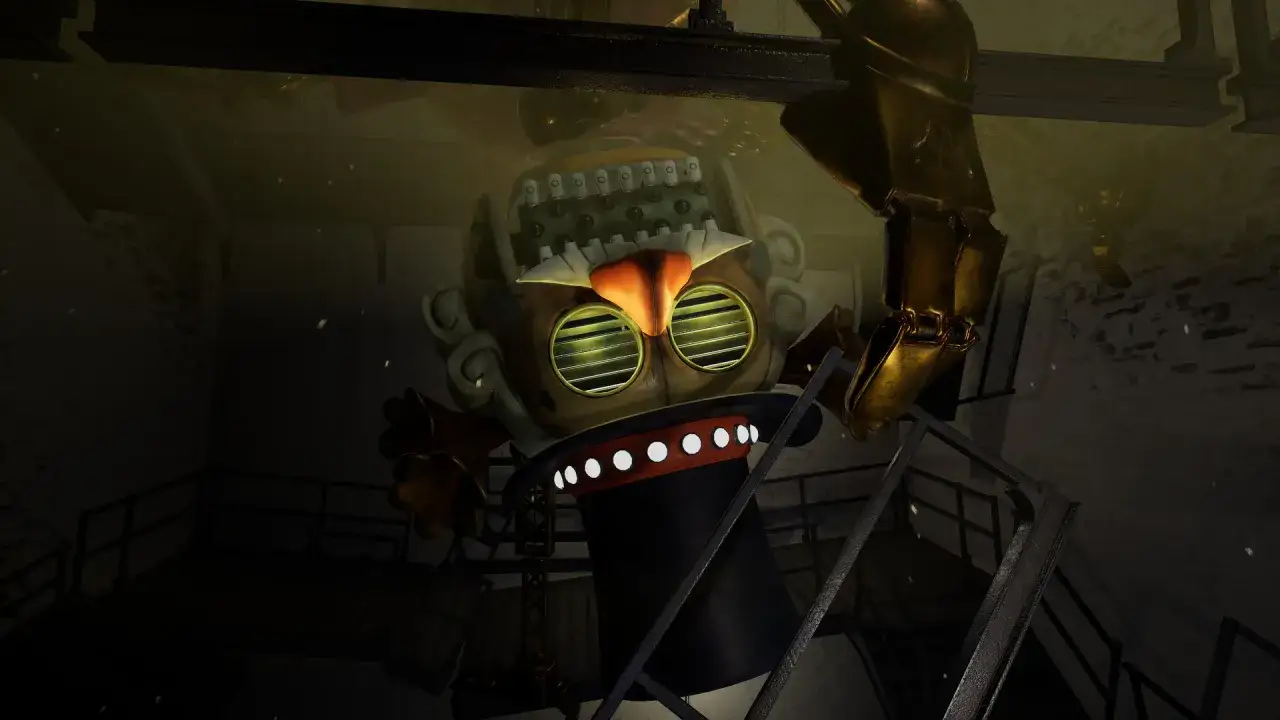 Złoty, mechaniczny potwór, przypominający postacie z gry mimic fnaf, z wielkimi, okrągłymi oczami i kapeluszem, wisi nad schodami.