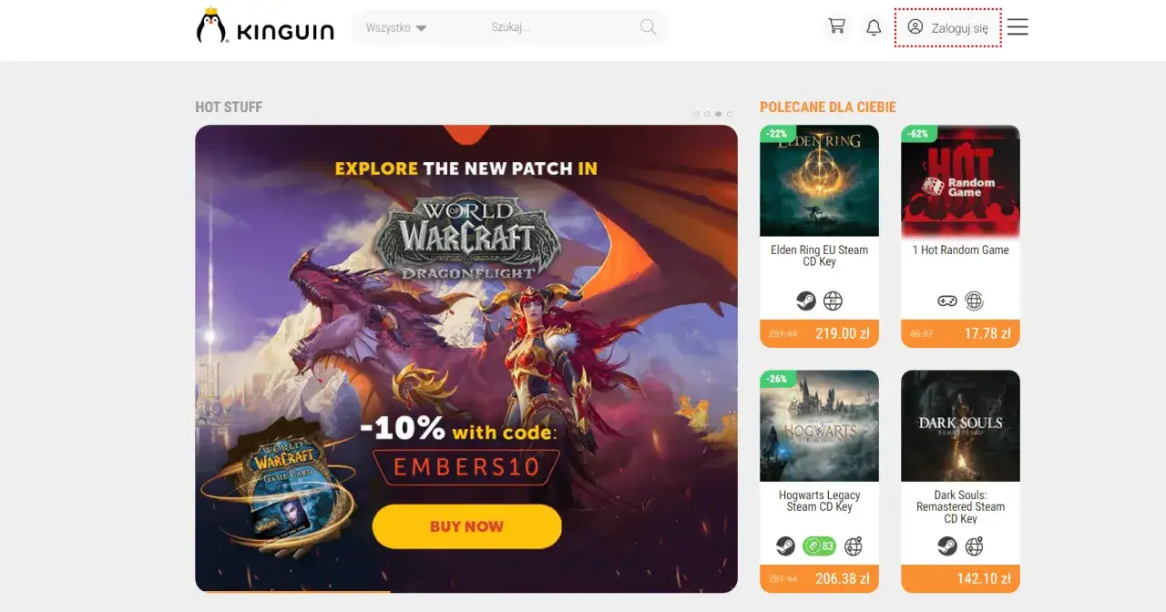 Strona Kinguin z grami. Czy Kinguin jest legit? Sprawdź promocje na Elden Ring, Hogwarts Legacy i Dark Souls.