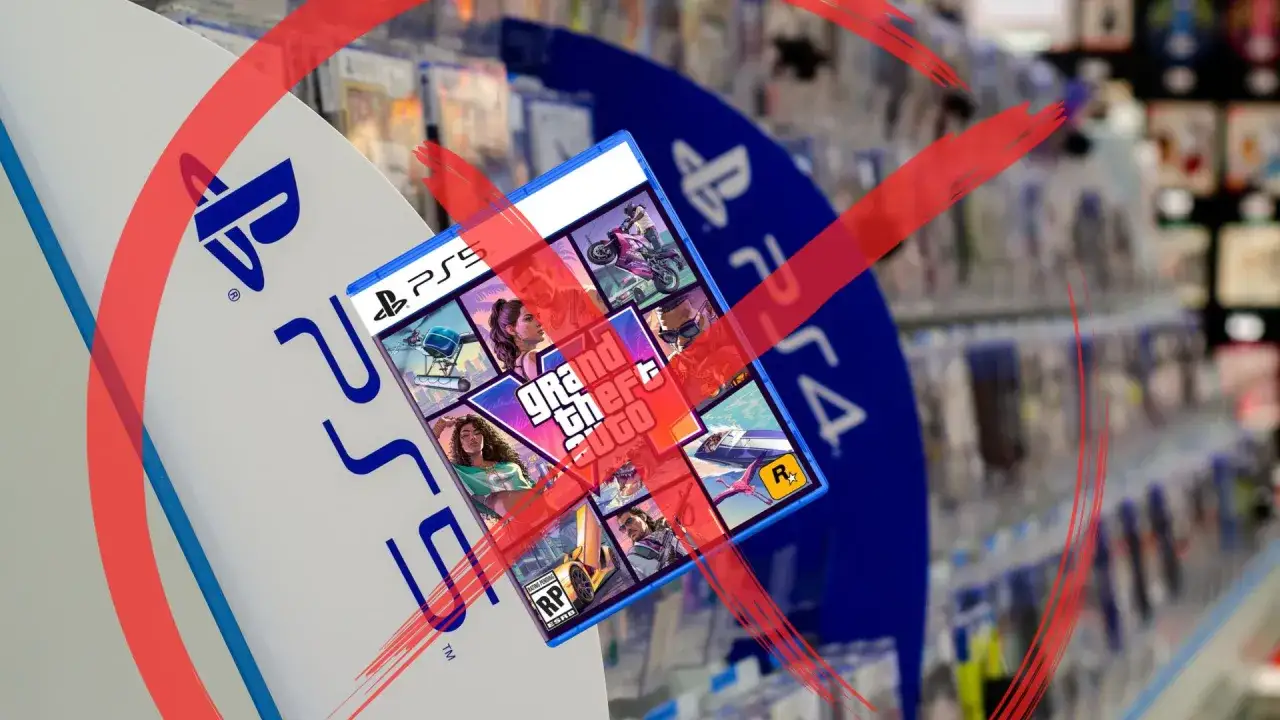 Na białej konsoli PS5 leży okładka GTA V, przekreślona czerwonymi liniami. Czy to oznacza, że dlc co to jest, nie będzie dostępne?