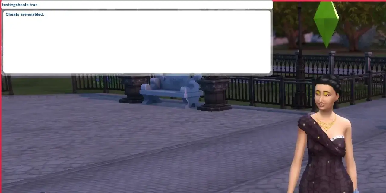 Kody na umiejętności w The Sims 4 włączone. Simka w eleganckiej sukni czeka na nowe możliwości.