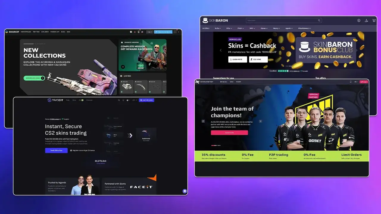 DMarket, Skinbaron i Tradeit oferują CS2 skins. Kupuj i sprzedawaj przedmioty, zarabiaj cashback i dołącz do mistrzów.