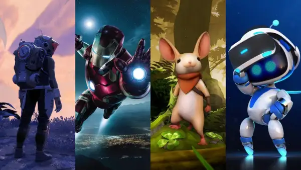Cztery postacie z gier VR: astronauta, Iron Man, myszka i robot.