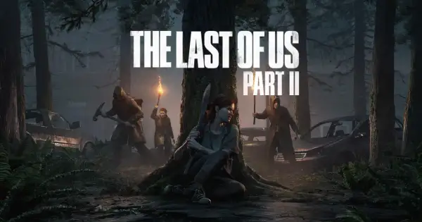 Ellie i inni bohaterowie w mrocznym lesie, przygotowani do walki. To zapowiedź emocjonujących **grach akcji** The Last of Us Part II.