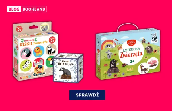 Trzy pudełka z grami planszowymi dla dzieci: "Memorki Dziki Zwierzęta", "Memo Rok w lesie" i "Loteryjka Zwierzęta".