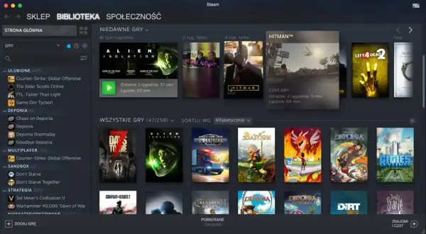 Biblioteka Steam z grami na Mac. Widoczne tytuły: Alien Isolation, Hitman, Left 4 Dead 2, Days to Die, American Truck Simulator, Bastion, Cities: Skylines.