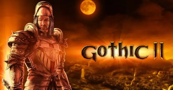 Rycerz w zbroi na tle księżyca i krajobrazu z napisem Gothic II.