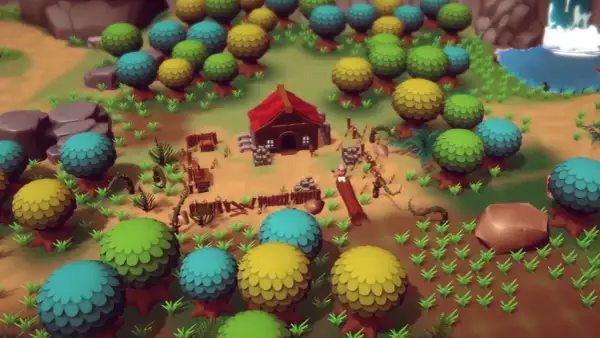 Kolorowy świat gry sandbox: domek, drzewa w odcieniach zieleni, żółci i błękitu, wodospad i kamienie.