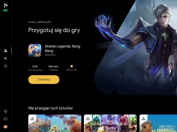 Grafika przedstawia ekran aplikacji Google Play Games z grą Mobile Legends: Bang Bang i postacią z gry.