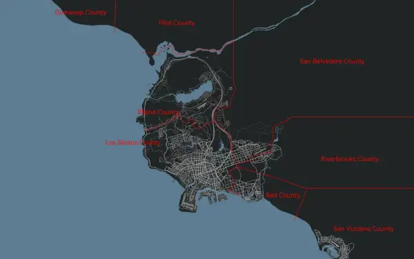 Mapa Los Santos i okolicznych hrabstw: Gumanap, Flint, Blaine, San Belvedere, Riverbrooks, Red i San Vizcaino.