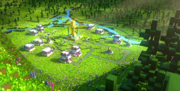 Wioska w stylu Minecraft, z budynkami, rzeką i lasem. W centrum złoty posąg. Wyobraź sobie, jakie komendy Minecraft można tu wprowadzić!
