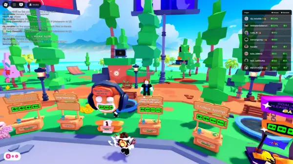 Gra Roblox z kilkoma graczami przy stoiskach z darowiznami w kolorowym, kreskówkowym świecie.