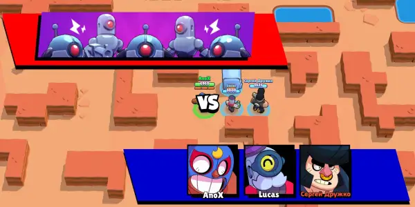 Brawl Stars: kiedy powstał ten mecz? Widzimy postacie z gry, w tym roboty i wojowników, na pustynnej mapie.