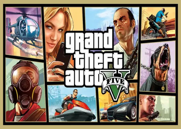 Grafika z gry Grand Theft Auto V: helikopter, kobieta z telefonem, mężczyzna w masce, motocyklista, pies, kierowca i samochód.