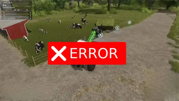 Błąd w grach farmerskich po polsku. Krowy na pastwisku, traktor z teleskopowym ładowaczem.