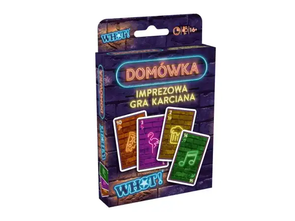 Gra karciana "Domówka" na 4 osoby. Neonowy design, karty z pizzą, flamingiem, piwem i nutami. Idealna na imprezy!