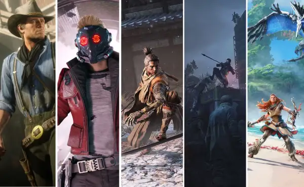 Kolaż postaci z gier akcji: kowboj, Star-Lord, samuraj, wojownik i łuczniczka.
