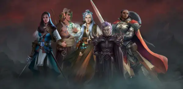 Pięć postaci fantasy: elfka, łucznik, czarodziejka, demon i rycerka, na tle gór i czerwonego nieba.