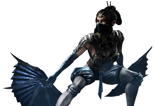 Kitana Mortal Kombat w niebieskim stroju, z maską na twarzy i wachlarzem w dłoni, gotowa do walki.