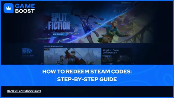 Grafika przedstawia interfejs platformy Steam z grami "Split Fiction" i "Kingdom Come: Deliverance II" oraz kartami podarunkowymi Steam.