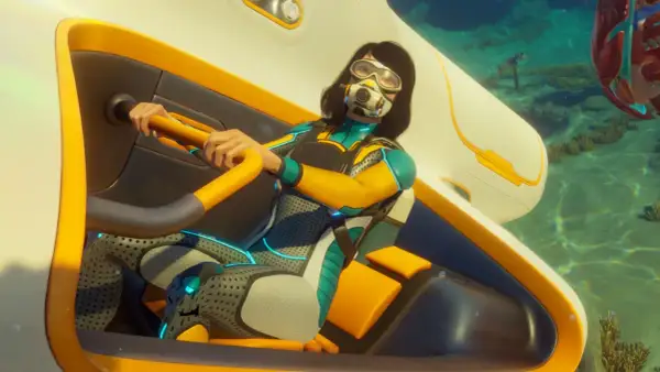 Kobieta w skafandrze steruje pojazdem pod wodą. Czy Subnautica jest multiplayer? To pytanie nurtuje wielu graczy eksplorujących ten podwodny świat.