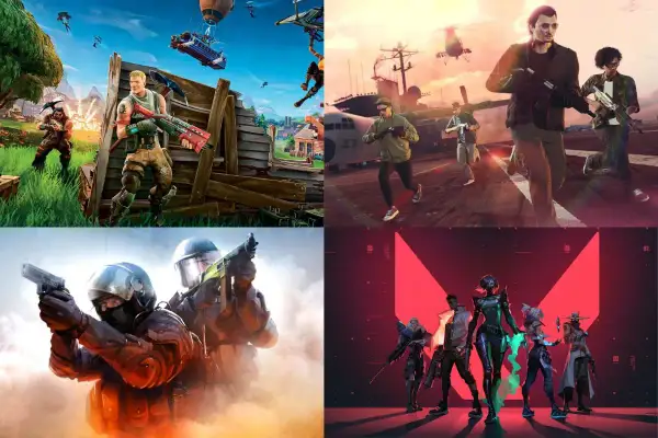 Kolaż z grafikami z gier Fortnite, GTA V, CS:GO i Valorant.