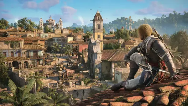 Nowy Assassin's Creed: Edward Kenway obserwuje tętniące życiem miasto z dachu, gotów do akcji.