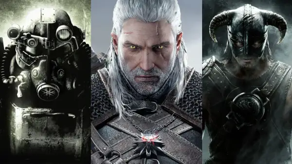 Trzy postacie z gier RPG: w kombinezonie, Wiedźmin i wojownik z hełmem.