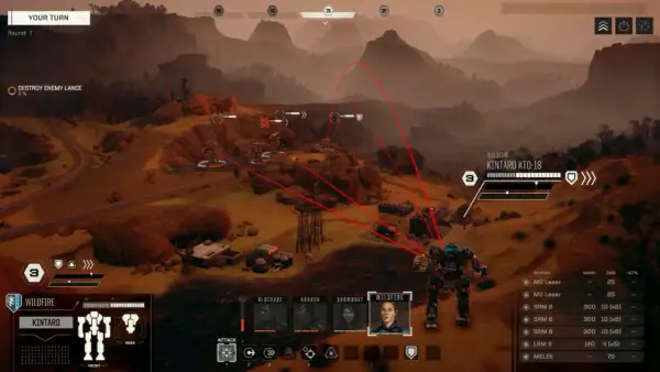 Bitwa mechów w grze strategicznej, widok z góry, czerwone linie celowania.