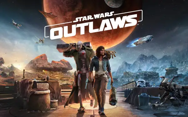Postapokaliptyczny krajobraz z dwoma postaciami i statkami kosmicznymi w tle, logo Star Wars Outlaws.