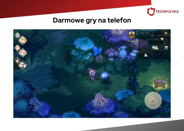 Zrzut ekranu z gry mobilnej w stylu anime, przedstawiający postać czarodziejki w lesie z grzybami.