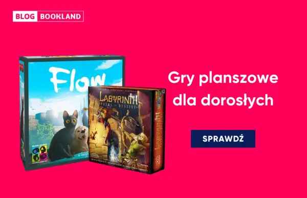 Dwie gry planszowe: "Flow" z kotem i psem oraz "Labyrinth: Paths of Destiny" z postaciami fantasy.