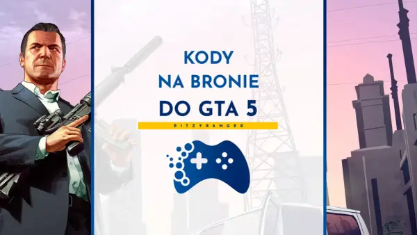 Michael z GTA 5 trzyma broń, a obok widnieje napis "Kody na bronie do GTA 5".