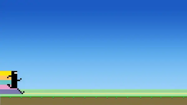 Czarna postać w stylu pixel art biegnie po tęczowych platformach. Klasyczne gry mobilne.