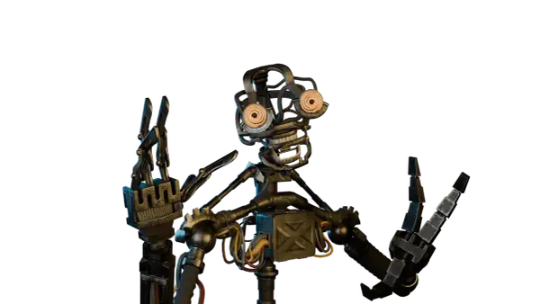 Przerażający robot, przypominający postacie z gry FNAF, z odsłoniętymi przewodami i mechanicznymi oczami, pozuje z uniesionymi rękami.