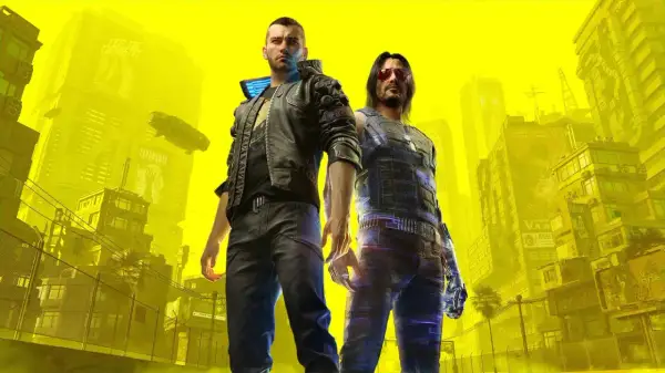 Dwóch mężczyzn w futurystycznych strojach na tle żółtego miasta. To grafika promująca Cyberpunk 2077, być może zapowiadająca nowe trofea.