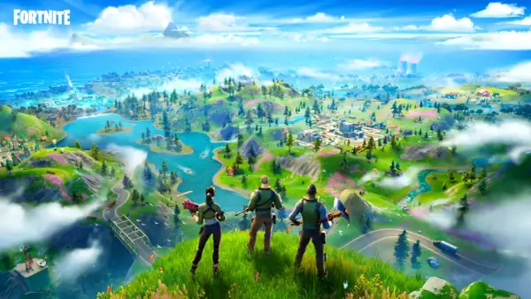 Trzech graczy patrzy na wyspę z gry Fortnite. To właśnie Fortnite, co to za gra? Kolorowa mapa z budynkami, rzekami i górami.