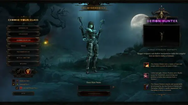 Wybór klasy Łowcy demonów w Diablo 3. Postać z łukami, gotowa do walki.
